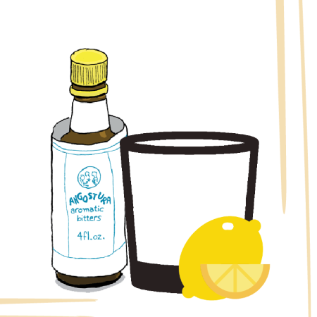 graphic depicting cocktail glass, lemon, and angostura bitters bottle