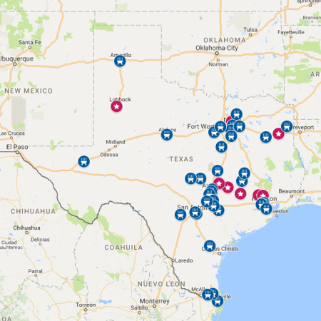 Google maps representation of Texas with the top 50 bbq joints pinned on the map